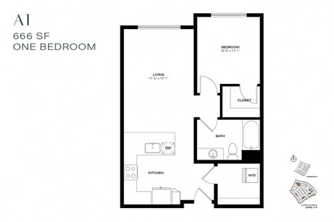 Floor plan for 1 bed, 1 bath, 666 sqft